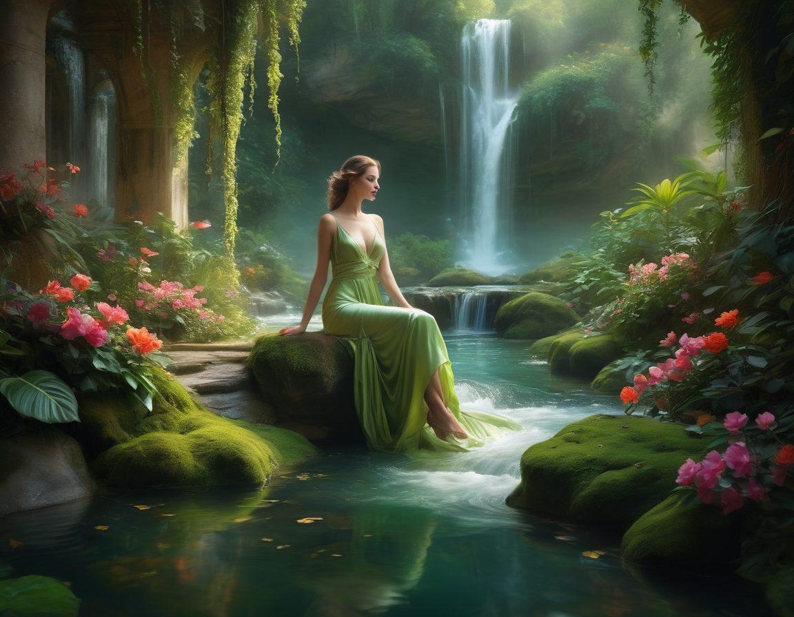 An artistic depiction of a vibrant, abstract landscape filled with sensual motifs, featuring flowing silk fabrics, entwined bodies, and lush, exotic plants. Soft, warm lighting enhances the atmosphere, while hints of tantalizing textures provoke curiosity. Include subtle elements of playfulness and intimacy to evoke a welcoming and adventurous spirit. fantasy art. vibrant colors. soft focus.