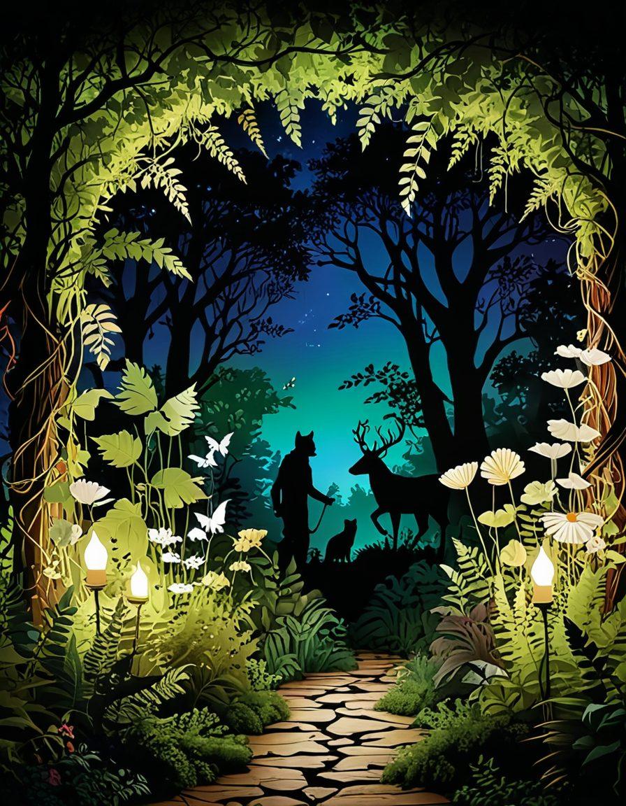 An adventurous, mysterious forest backdrop with silhouettes of adult-themed playful figures amidst lush greenery. Incorporate elements of nature like exotic flowers, playful animals, and hidden paths leading to a secretive adult-themed venue. The atmosphere should be thrilling and inviting, illuminated by soft, warm lights that evoke excitement. Add whimsical touches like playful vines and sparkling trails. vibrant colors. super-realistic.