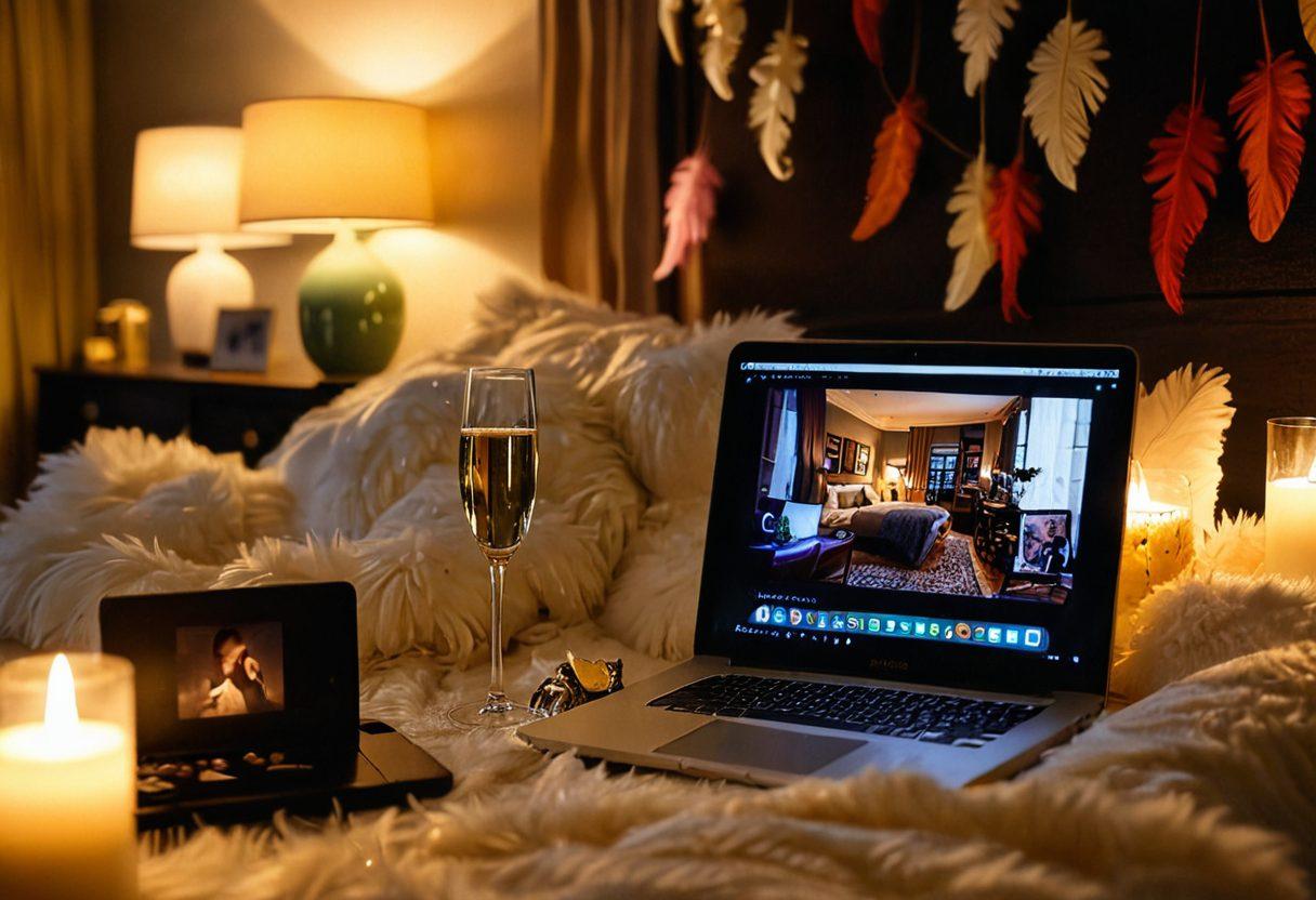 A sensual and inviting scene featuring a cozy, dimly-lit room adorned with plush furnishings, soft pillows, and warm candlelight. In the foreground, a laptop screen displays an intimate and colorful selection of erotic video thumbnails surrounded by playful props like feather boas and champagne flutes. The overall atmosphere exudes a sense of discovery and excitement, while maintaining an artistic elegance. super-realistic. vibrant colors. soft focus.